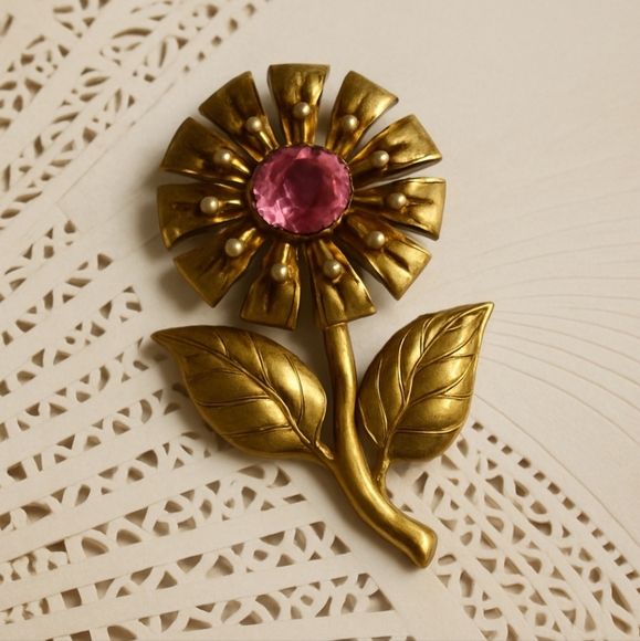 Gold Flower Brooch with Pink Gem - Picture 1 of 8